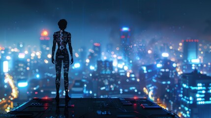 A lone figure stands on a rooftop overlooking the digital cityscape below. Their body is adorned with hightech gadgets and a body . . - obrazy, fototapety, plakaty