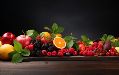 photography of fresh fruit on the side of the frame and in the middle there is empty space - obrazy, fototapety, plakaty