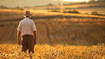 A lone farmer tends to crops back facing the camera as works tirelessly under the warm sun. The quiet determination on . . - obrazy, fototapety, plakaty