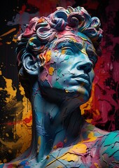 head of the Apollo statue with colorful graffiti drawn on its realistic body.