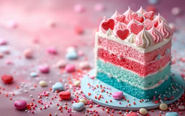 The background space with pastel colors in the middle and sides contains love cake candy and Valentine's theme rainbow