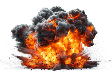 Huge ball of flames spewing black smoke. flaming explosion isolated on a translucent white backdrop with smoke.