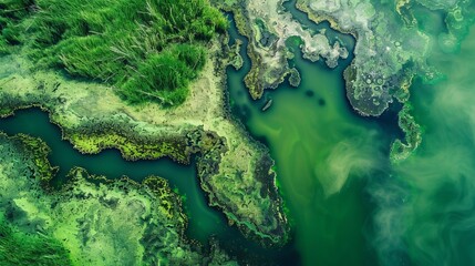An aerial view captures the green hues of a salty lagoon with dark flows in a Spanish wetland, covered in haze for a unique perspective