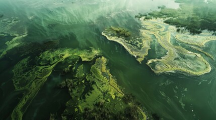An aerial view captures the green hues of a salty lagoon with dark flows in a Spanish wetland, covered in haze for a unique perspective - obrazy, fototapety, plakaty