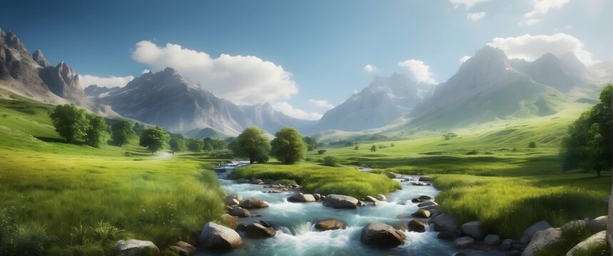 A fantasy-like depiction of a river running through a mountainous landscape bathed in sunlight