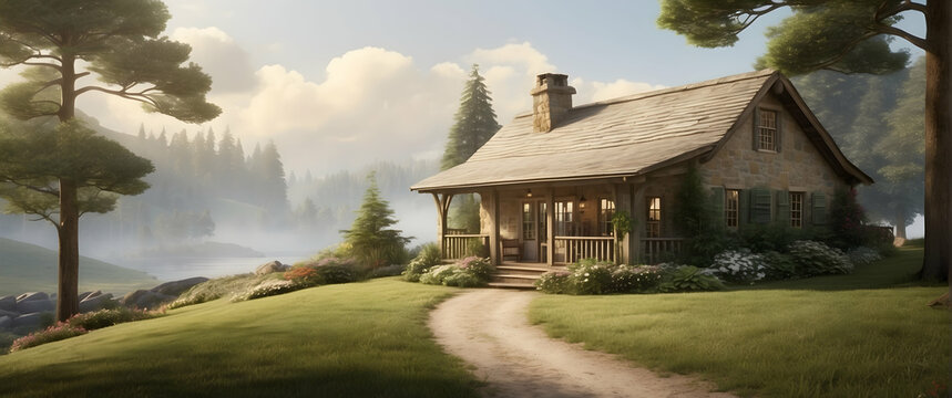 A charming rustic cottage nestles amicably in a serene woodland setting by a tranquil lake at dawn