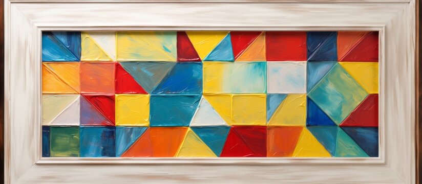 A vibrant painting in a white rectangular frame hanging on a wall. The creative art piece features colorful triangles, patterns, tints, shades, and symmetry