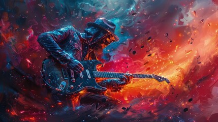 Guitarist immersed in a vivid abstract nebula, Concept of music, passion, and cosmic inspiration - obrazy, fototapety, plakaty