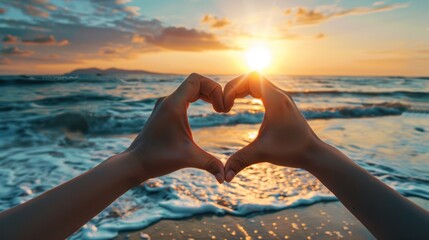 Close up hands gesture make heart shape on beach sunset background. AI generated - obrazy, fototapety, plakaty