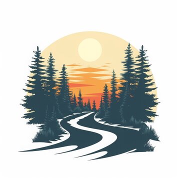 vector logo illustration of a middle of the forest road with a solid white background
