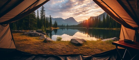 A tent is situated by a tranquil lake framed by majestic mountains under a clear sky. The natural landscape blends water, wood, and horizon in a picturesque scene - obrazy, fototapety, plakaty