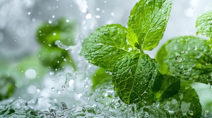 Fresh nature green mint leaf with water splash on white background. AI generated image - obrazy, fototapety, plakaty