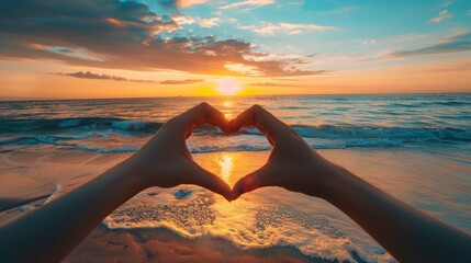 Hands gesture make heart shape on beach sunset background. AI generated image - obrazy, fototapety, plakaty