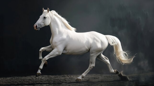 Portrait beautiful white horse run forward in dark background. AI generated image