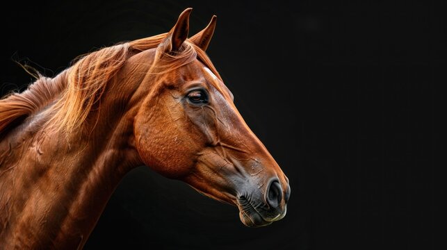 Portrait beautiful brown horse run forward in dark background. AI generated image