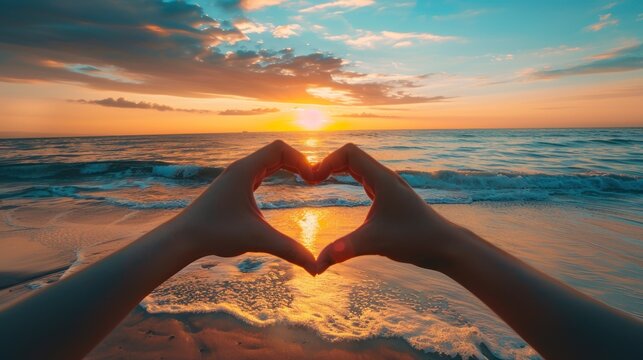 Hands gesture make heart shape on beach sunset background. AI generated image