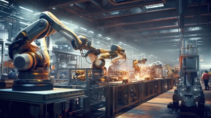 Welding robot doing work in a company, with an abstract background