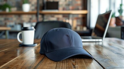 Closeup of a baseball cap mockup on a wooden table with a coffee mug and laptop in the background. Great for advertising your trendy headwear collection.
