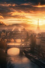 Dawn over Paris with misty Seine river and Eiffel Tower, Concept of new beginnings, hope, and iconic landmarks
 - obrazy, fototapety, plakaty