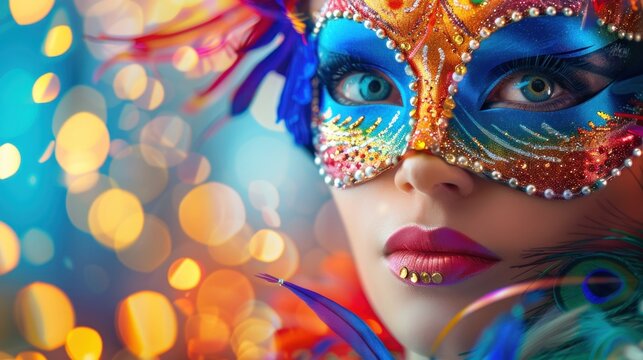 Attractive Woman With colorful Carnival masquerade Mask. AI generated image