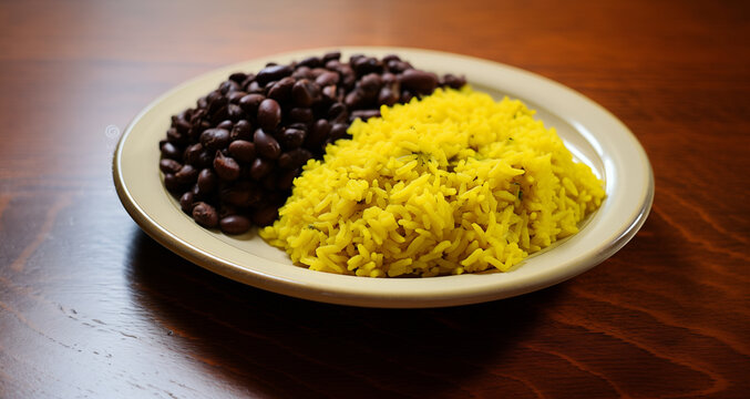 Plate with a side of yellow rice and black beans