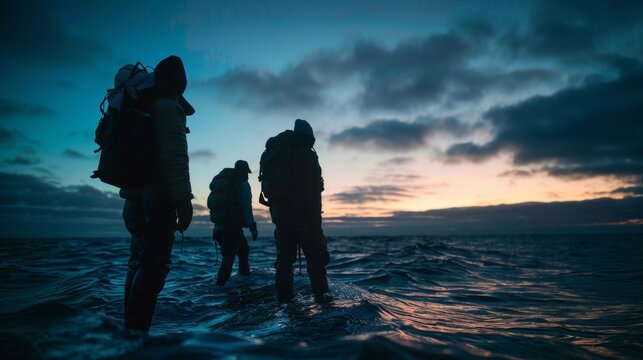 Against the backdrop of an otherworldly ocean a trio of explorers pause for a moment before continuing journey. . .