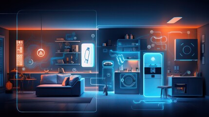 Smart home illustration design, with a house background with blue lights and lights