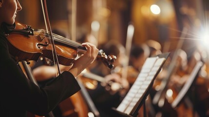 Violinists in an orchestra performing, Concept of classical music, harmony, and the art of performance
 - obrazy, fototapety, plakaty