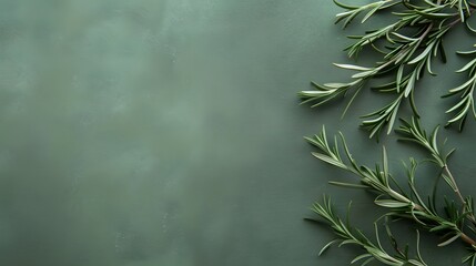 Rosemary food background with rosemary branches on minimal green