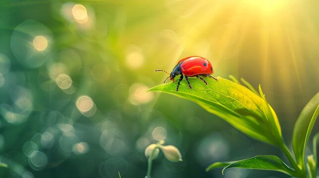 Red beetle Lilioceris lilii on green leaf on nature in sunlight in summer in spring macro on a green background. Soft gentle blurred artistic image.
