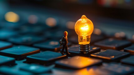 Miniature figurine standing on a keyboard with a lit light bulb, concept ideas