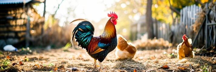 A rooster with a red comb stands in the grass. - obrazy, fototapety, plakaty