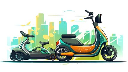Illustration of an electric bicycle with a background of high-rise buildings, morning sun, birds and airplanes and trees.

