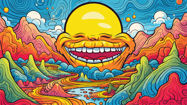 Card with bog smile face and groovy landscape in op
