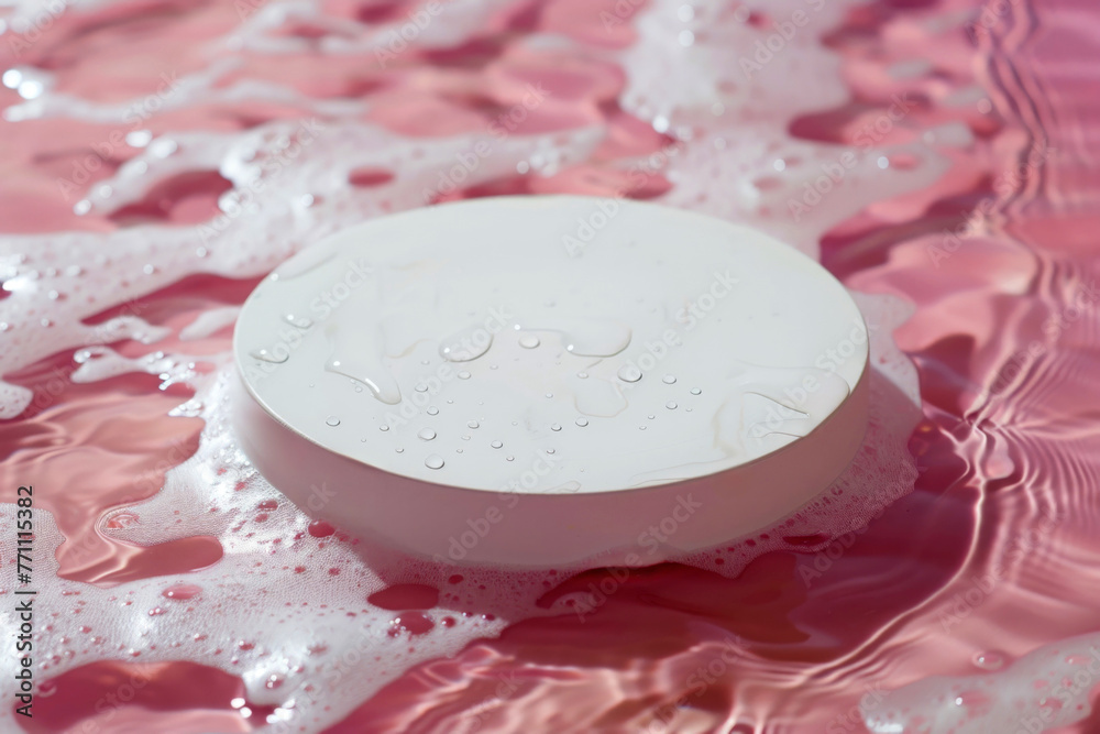 Poster product presentation display with copy space. white round pedestal on rippled pink water surface wit