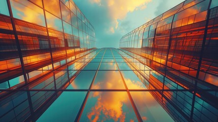 Reflective skyscrapers, business office buildings. low angle view of skyscrapers in city, sunny day. Business wallpaper with modern high-rises with mirrored windows, Generative AI