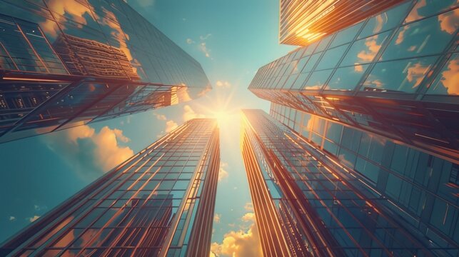 Reflective skyscrapers, business office buildings. low angle view of skyscrapers in city, sunny day. Business wallpaper with modern high-rises with mirrored windows, Generative AI