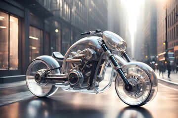 futuristic bike in the city, transparent made of glass, technology concept, generative ai