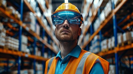 Logistics Hub Workers Boost Efficiency with Augmented Reality Headsets Displaying Real-time Data and Instructions - obrazy, fototapety, plakaty