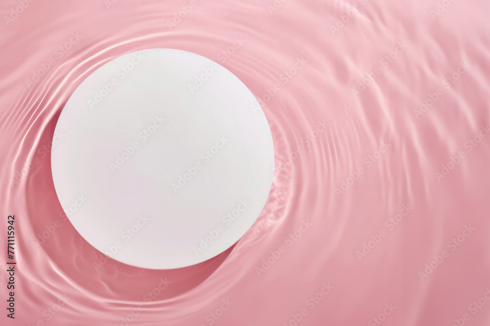 Poster white round pedestal on a pink and water surface creating a ripple effect. ideal for product display