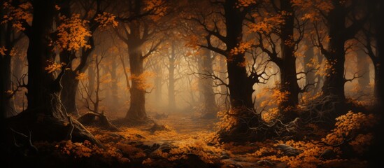 An ecoregion with a natural landscape filled with trees and leaves in autumn, creating a dark...