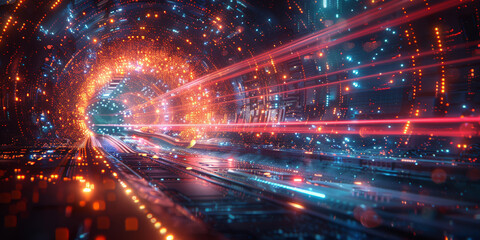 Fototapeta premium Futuristic Data Tunnel Visualization with Streaming Lights and Digital Patterns