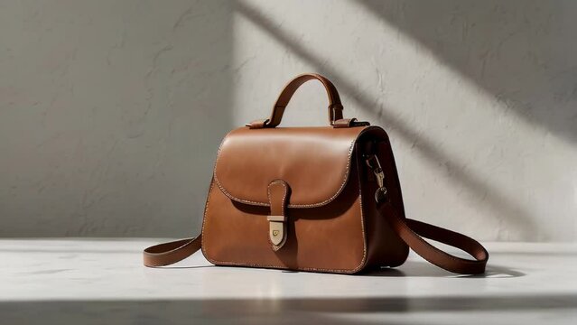 Elegant brown leather bag on marble surface