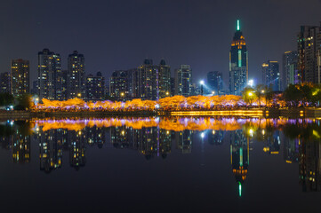 Cherry blossoms in Northwest Lake Square in Wuhan, Hubei, China
