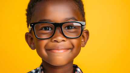 Smart young boy with a neat haircut and bold black glasses, against a soft yellow background
