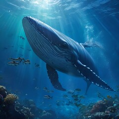 Naklejka premium Dive into the ocean's depths to witness a majestic blue whale gliding gracefully. Experience the awe-inspiring beauty of marine life.