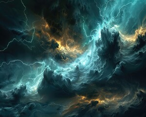 abstract 3D depiction of a thunderstorm with electric bolts and dark - obrazy, fototapety, plakaty