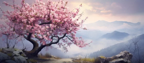 Gardinen A cherry blossom tree stands elegantly amidst a breathtaking mountain landscape, its delicate pink petals contrasting against the blue sky and fluffy clouds © AkuAku