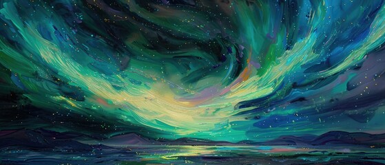 Naklejka premium An oil color landscape of the aurora borealis with luminous greens and purples swirling in the night sky