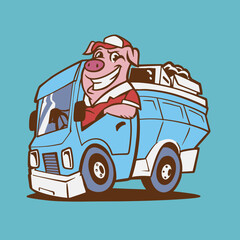 Garbage truck with pig mascot Vector Illustration
